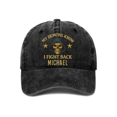 Fighting Against The Demons - Personalized PTSD Awareness Washed Denim Cap - OLESA