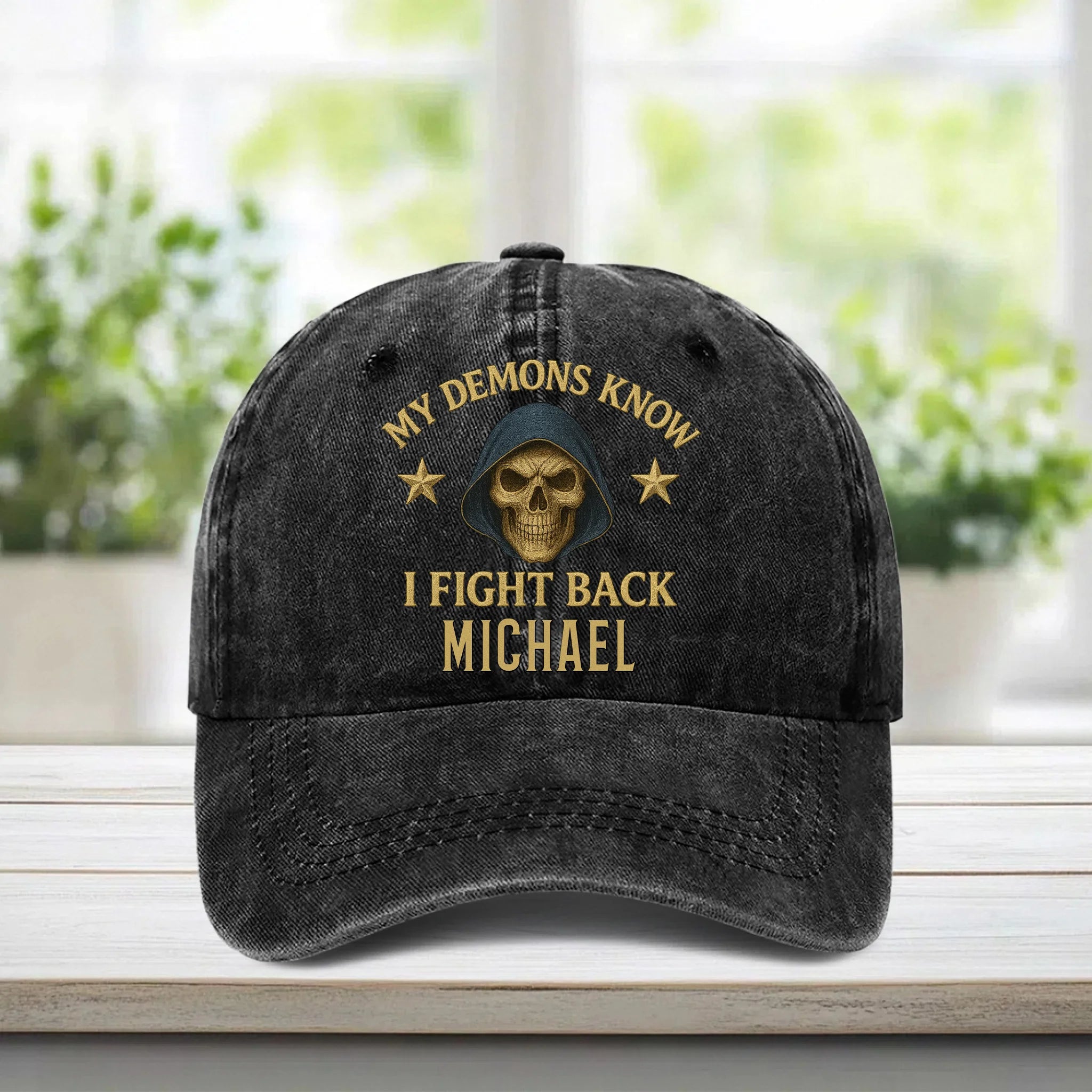Fighting Against The Demons - Personalized PTSD Awareness Washed Denim Cap - OLESA