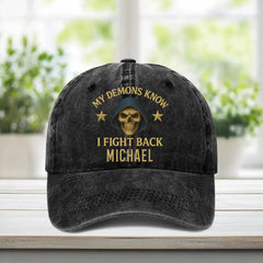 Fighting Against The Demons - Personalized PTSD Awareness Washed Denim Cap - OLESA