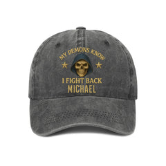 Fighting Against The Demons - Personalized PTSD Awareness Washed Denim Cap - OLESA