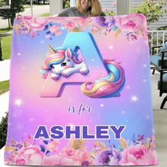 Flower Unicorn Custom Blanket - Personalized Initial and Name - Fashionable Items - OLESA