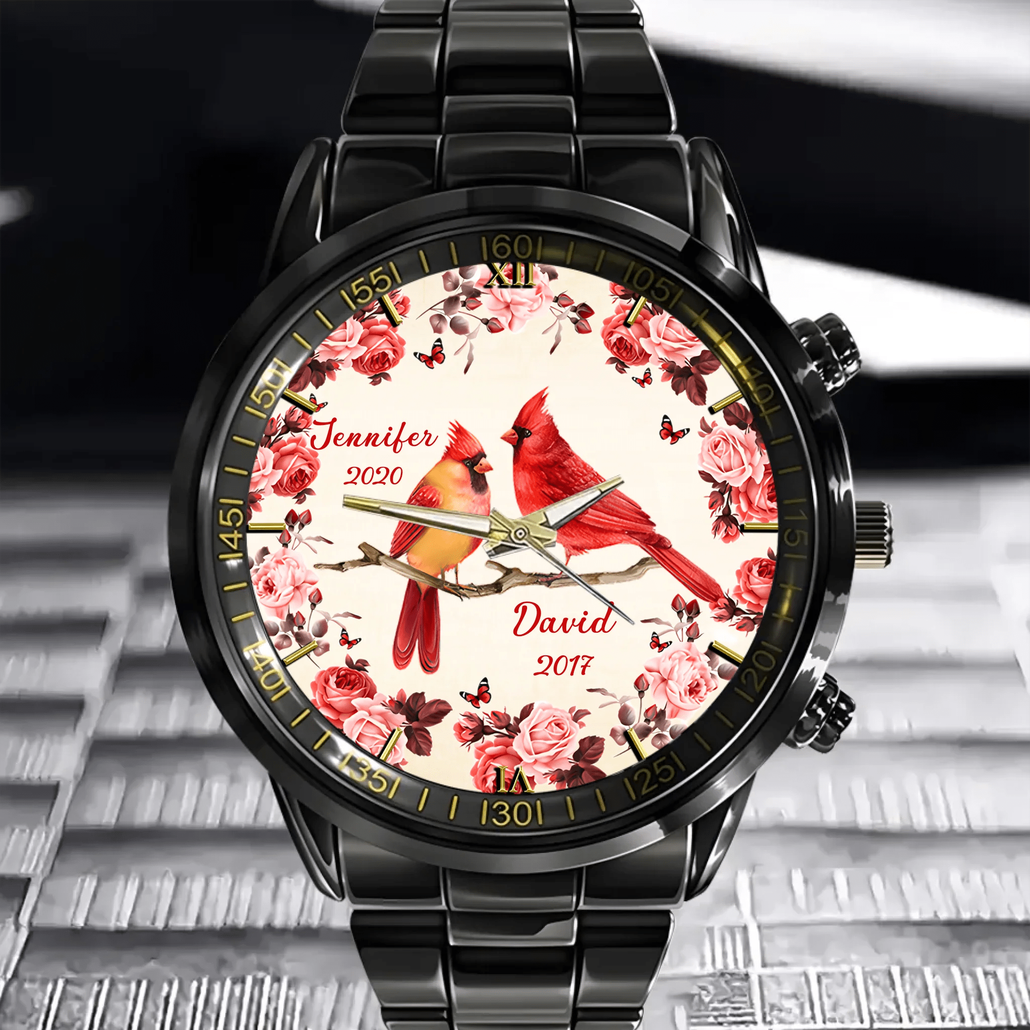 Flowers and Red Bird Customized Watch – Personalized Name - OLESA