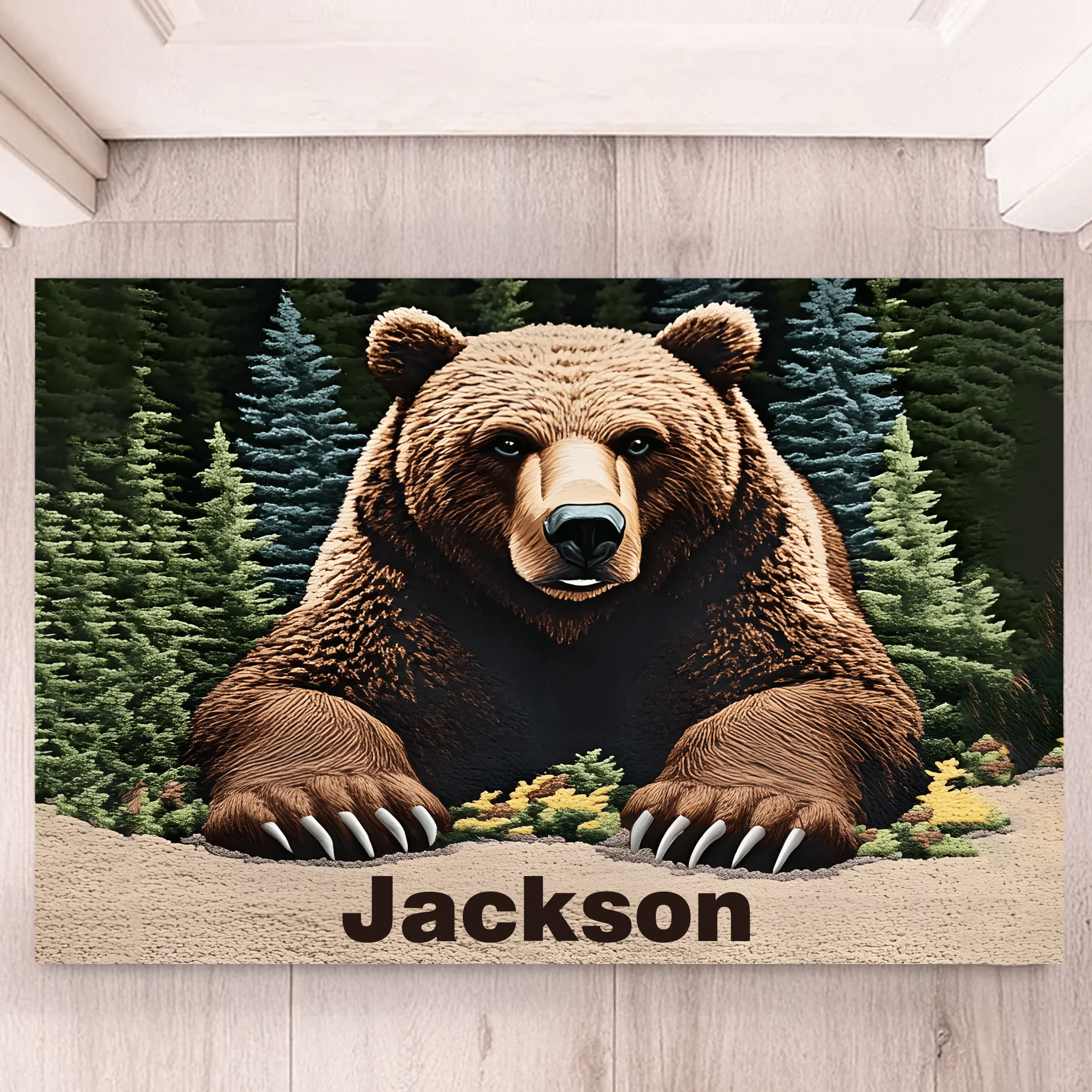 Forest Brown Bear Customized Floor Mat - Personalized Name Door Mat - OLESA