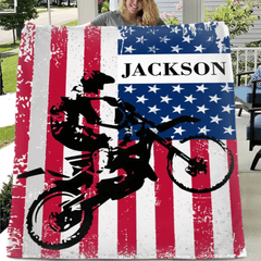 Free shipping✈️Personalized American Flag Motocross Custom Name Blanket - OLESA