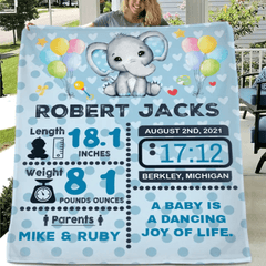 Free shipping✈️Personalized Baby Birth Stats Elephant Blanket for Boys Girls - OLESA
