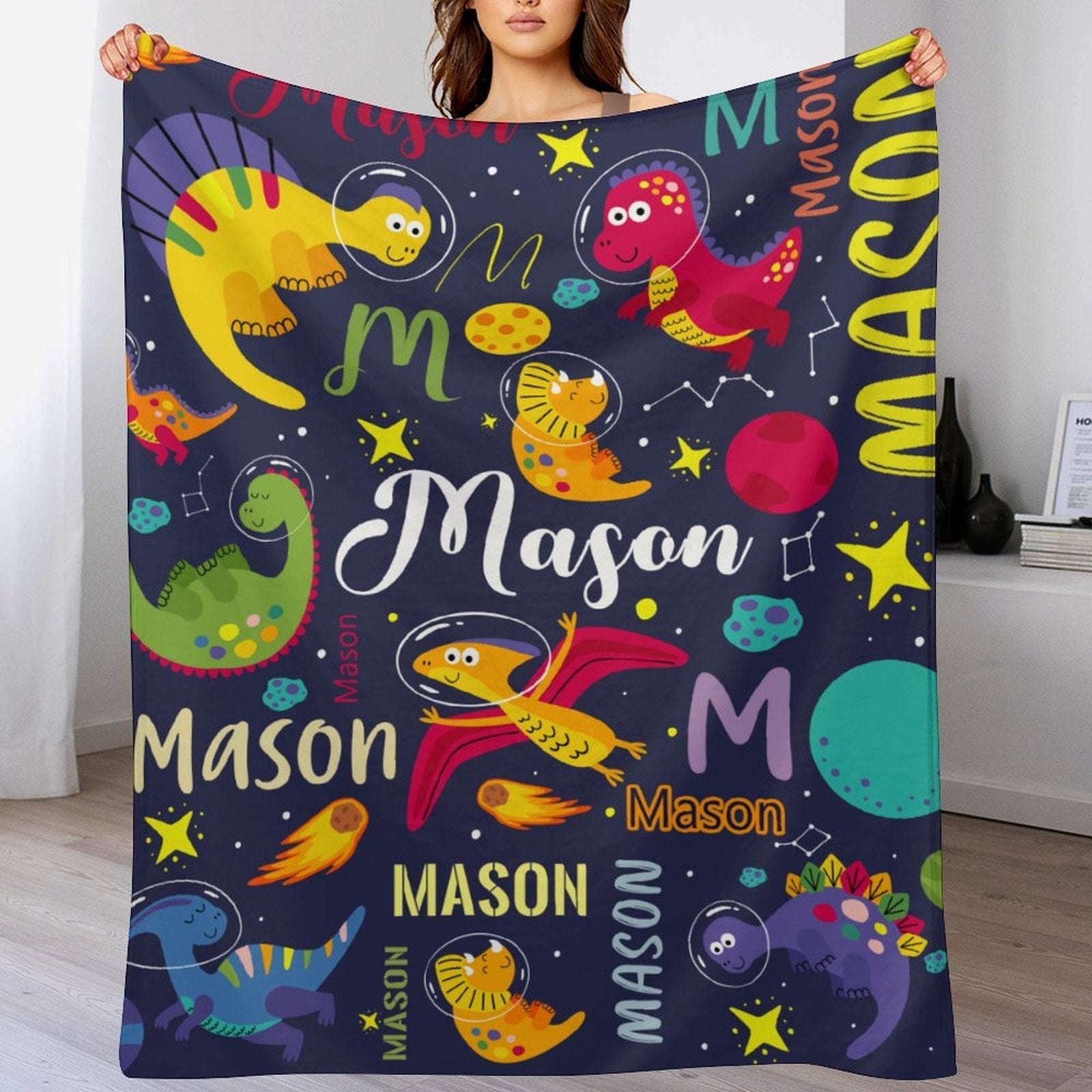 Free shipping✈️Personalized Outspace Dinosaur Blanket for Boys, Custom Name Blanket - OLESA
