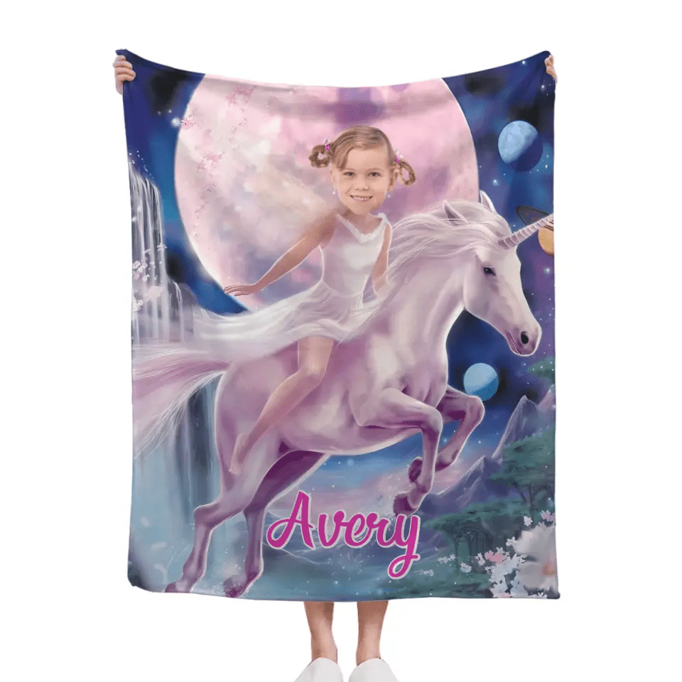 Free shipping✈️Personalized Pink Dress Princess Ride Unicorn Blanket - OLESA