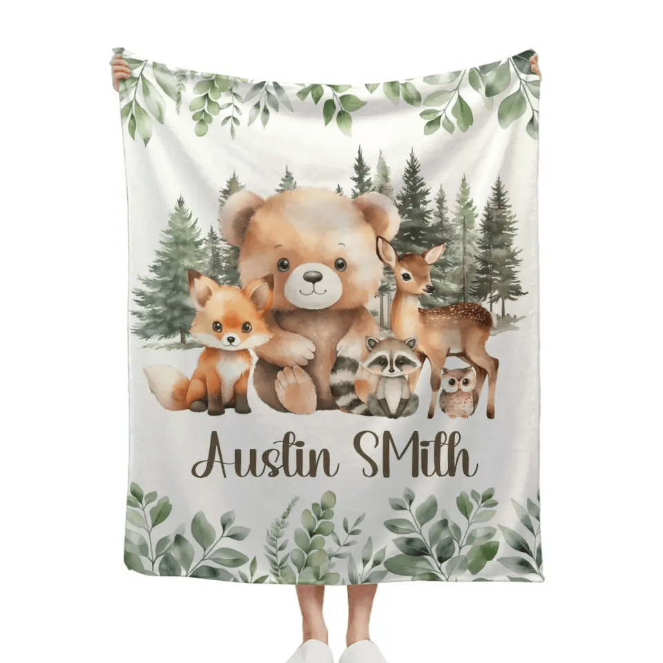 Free shipping✈️Personalized Woodland Animal Name Baby Blanket for Boys - OLESA