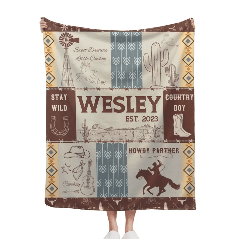 Free shipping✈️Western Kids Name Custom Cowboy Blanket, Customized 1st Birthday Gift - OLESA