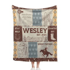 Free shipping✈️Western Kids Name Custom Cowboy Blanket, Customized 1st Birthday Gift - OLESA