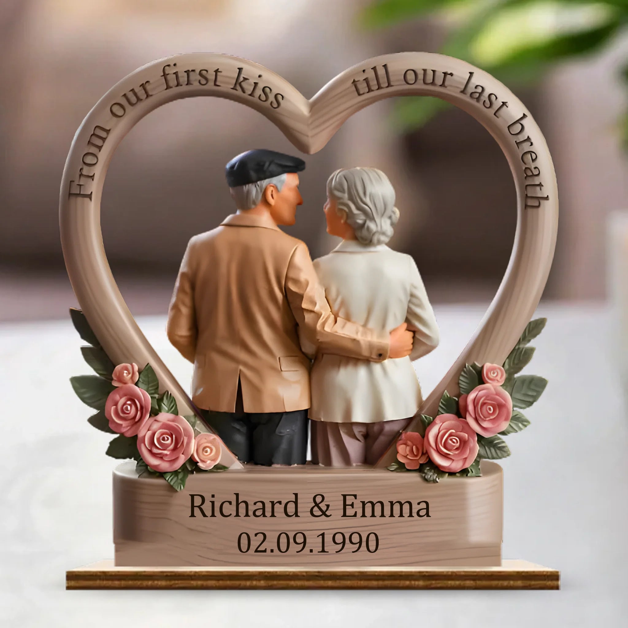 From Our First Kiss Till Our Last Breath - Personalized Name and Date 2 - Layered Wooden Plaque With Flat Stand - OLESA