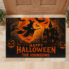 Happy Halloween Witch And Bats Customized Floor Mat - Personalized Name Door Mat - Halloween Party - OLESA
