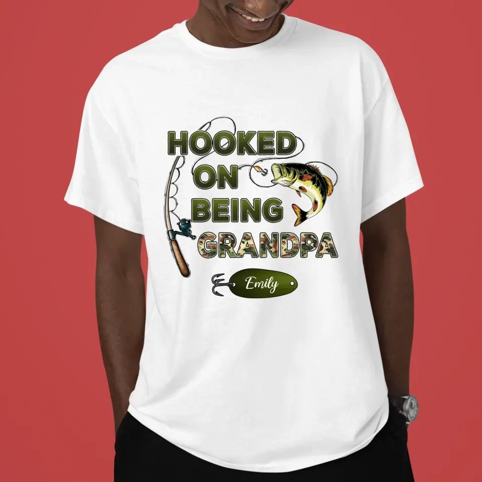 Hooked On Being Grandpa Fishing Camouflage Personalized Shirt - Father's Day, Gift For Dad, Grandpa, Husband - OLESA