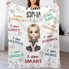 I Am Enough, Loved, Helpful, Unique, Smart - Personalized Cartoon Characters and Name Blanket - Gift for Kid, Children - OLESA