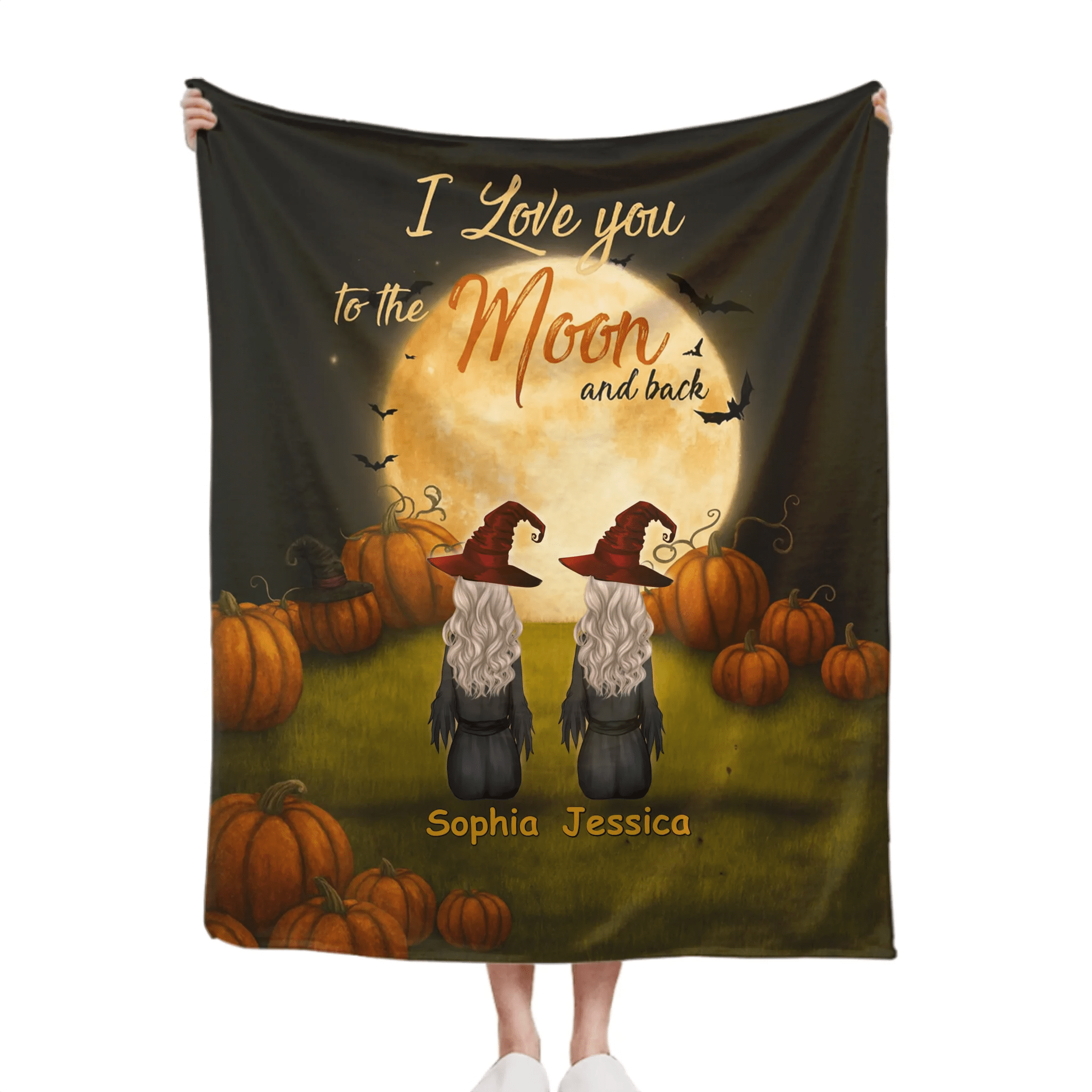 🧙‍♀️I Love You To The Moon And Back - Personalized Halloween Witches Blanket - Halloween Gifts, Gifts For Besties - OLESA