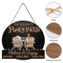 Just A Couple, Pool & Patio Sipping Chilling - Couple Personalized Home Decor Wood Sign - OLESA
