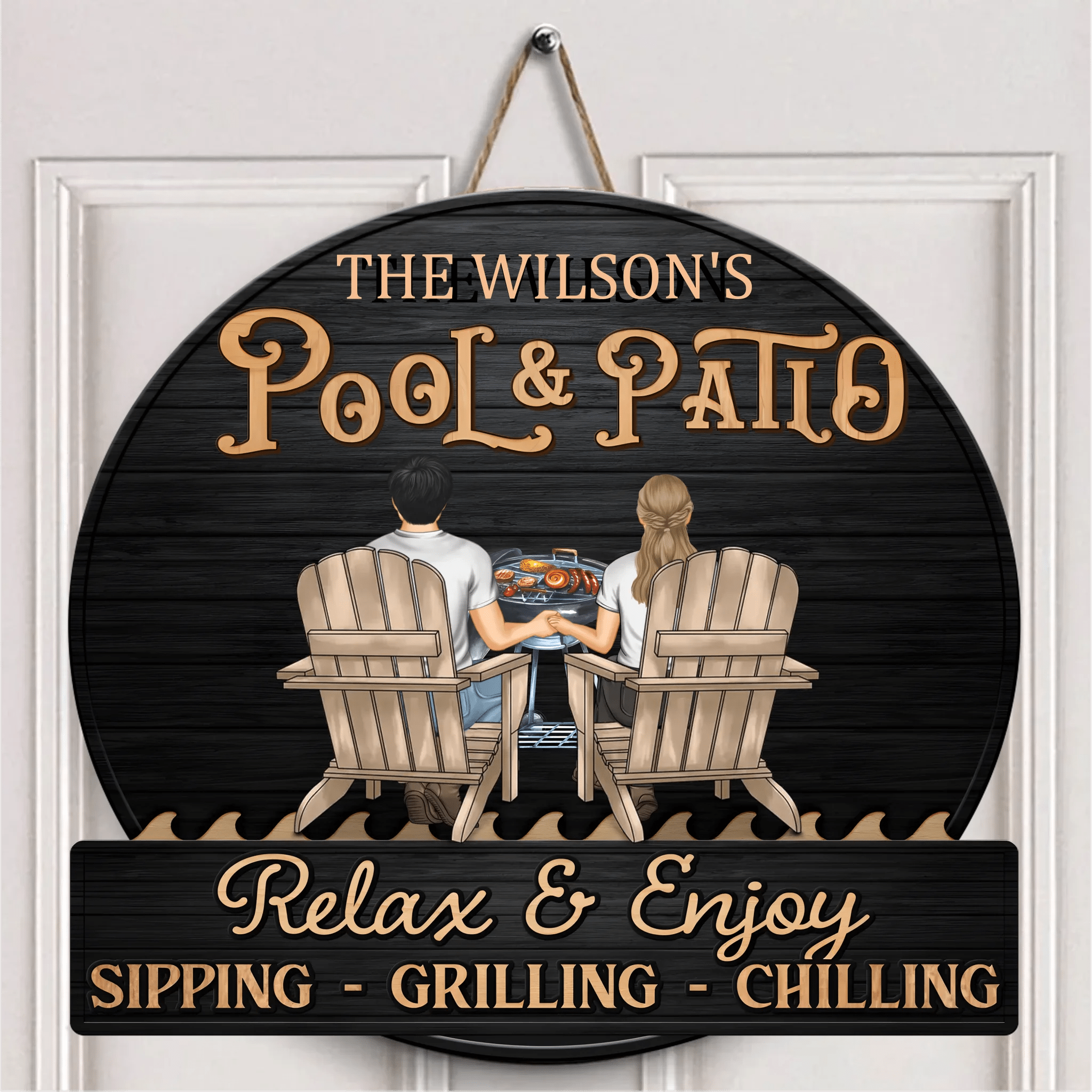 Just A Couple, Pool & Patio Sipping Chilling - Couple Personalized Home Decor Wood Sign - OLESA