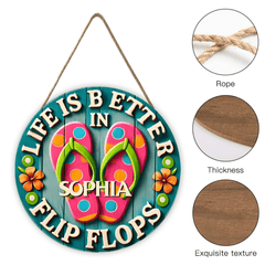 Life Is Better In Flip Flops Customized Door Plate - Personalized Name Wooden Sign - OLESA