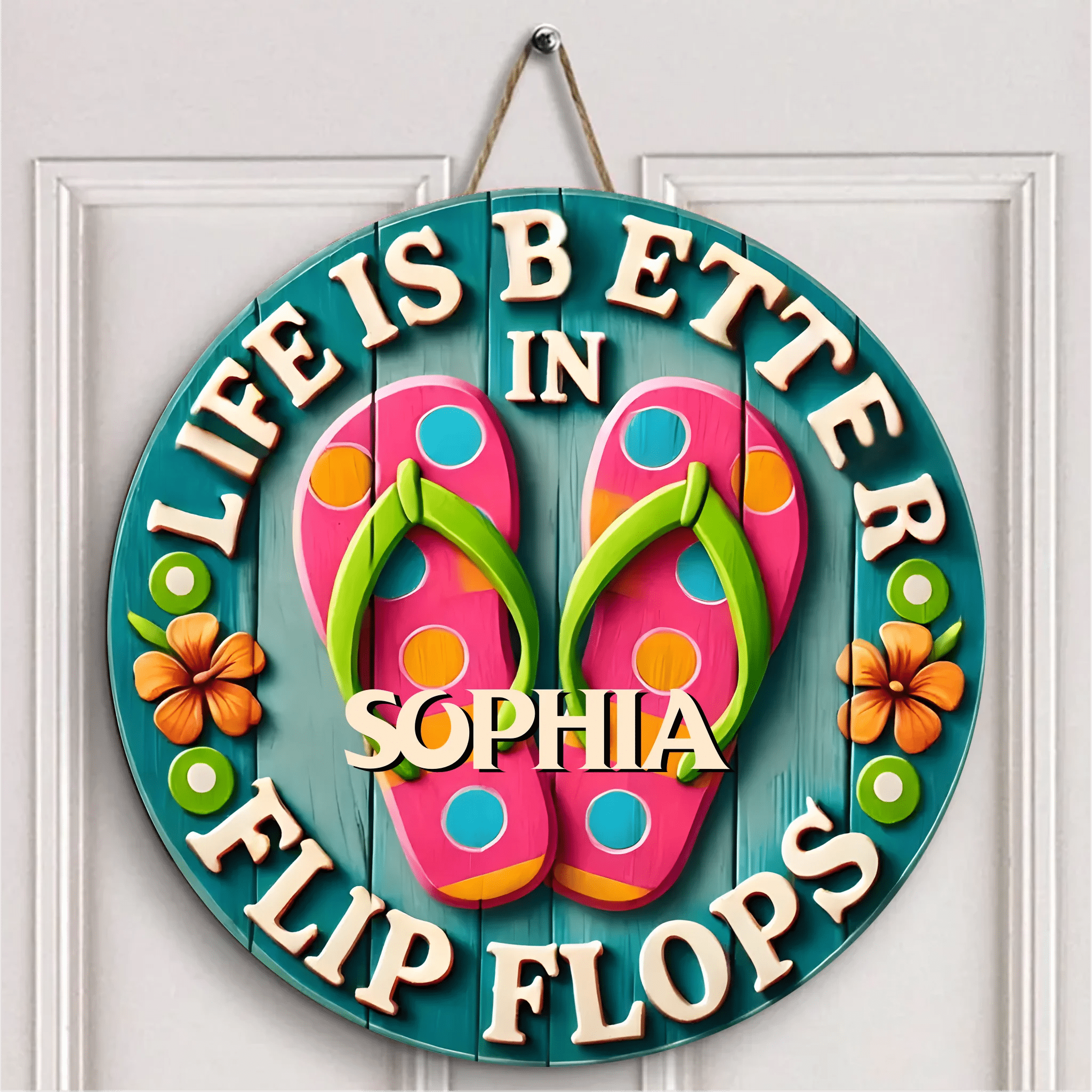 Life Is Better In Flip Flops Customized Door Plate - Personalized Name Wooden Sign - OLESA