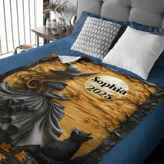 Mysterious Witch & Her Black Cat Customized Blanket - Personalized Name - Halloween Gifts - OLESA