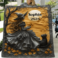 Mysterious Witch & Her Black Cat Customized Blanket - Personalized Name - Halloween Gifts - OLESA