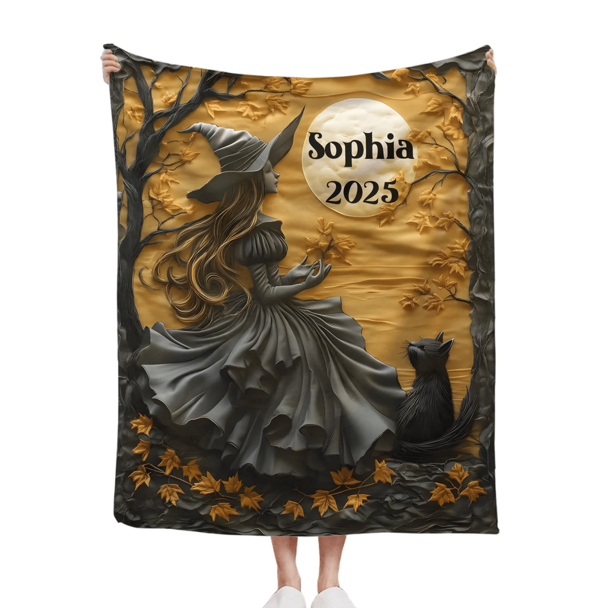Mysterious Witch & Her Black Cat Customized Blanket - Personalized Name - Halloween Gifts - OLESA