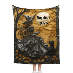 Mysterious Witch & Her Black Cat Customized Blanket - Personalized Name - Halloween Gifts - OLESA