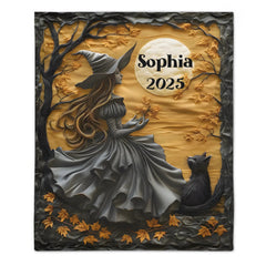 Mysterious Witch & Her Black Cat Customized Blanket - Personalized Name - Halloween Gifts - OLESA