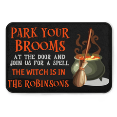 Park Your Brooms and Join Us for a Spell - Personalized Decorative Mat, Halloween Gift. - OLESA