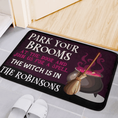 Park Your Brooms at the Door - Personalized Decorative Doormat, Halloween Gift - OLESA