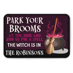 Park Your Brooms at the Door - Personalized Decorative Doormat, Halloween Gift - OLESA