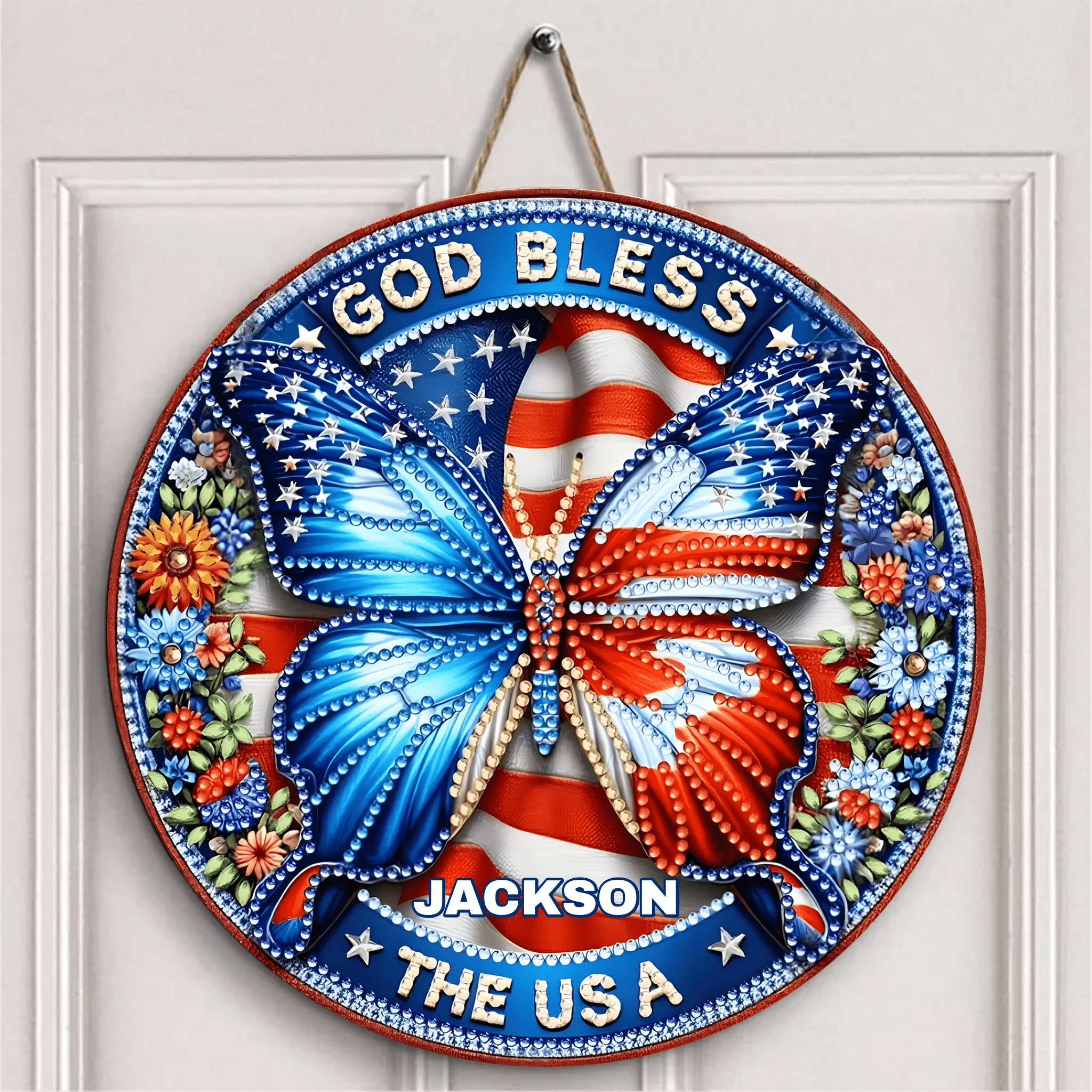 Patriotic Butterfly Door Plate - Personalized Wooden Sign - OLESA