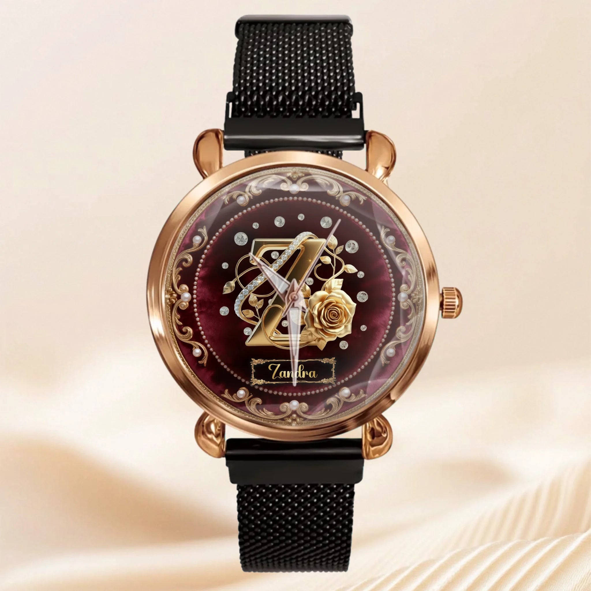 Pearl & Rose Monogram Customized Watch - Personalized Initial And Name - Elegant gift - OLESA