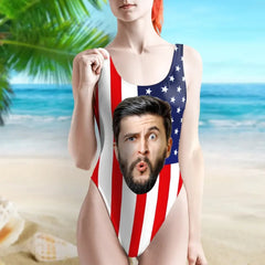 Personalized American Flag Photo Beach One-Piece Bathing Swimsuit For Women,Gift For Wife - OLESA