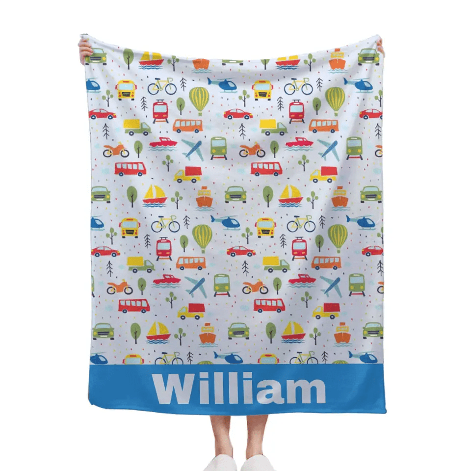Personalized Baby Blanket with Name for Boys, Car Truck Aircraft Small Picture Blanket for Toddlers - OLESA