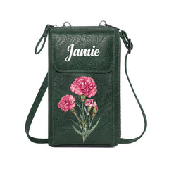 Personalized Birth Flower Leather Crossbody Bag – Custom Wallet Gift for Women - OLESA