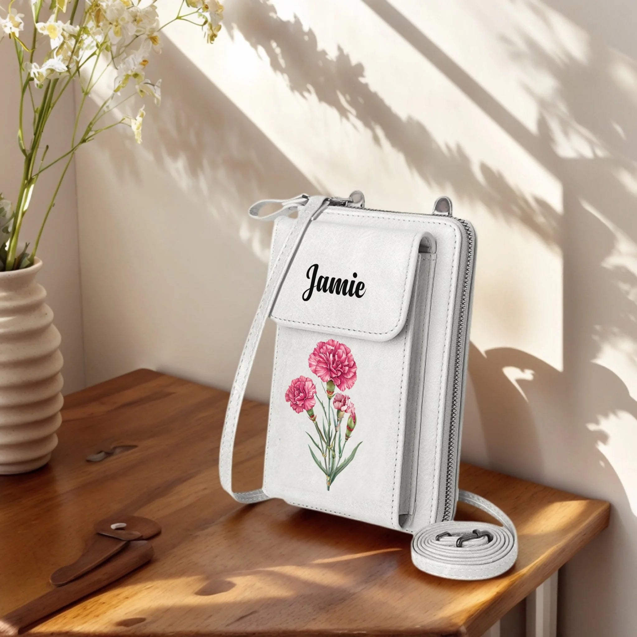 Personalized Birth Flower Leather Crossbody Bag – Custom Wallet Gift for Women - OLESA