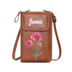 Personalized Birth Flower Leather Crossbody Bag – Custom Wallet Gift for Women - OLESA