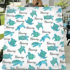 Personalized Blanket with Turtle, Custom Baby Name Blanket for Girl Boy - OLESA