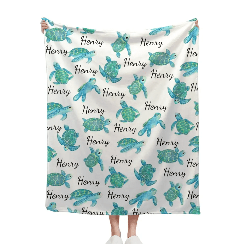 Personalized Blanket with Turtle, Custom Baby Name Blanket for Girl Boy - OLESA
