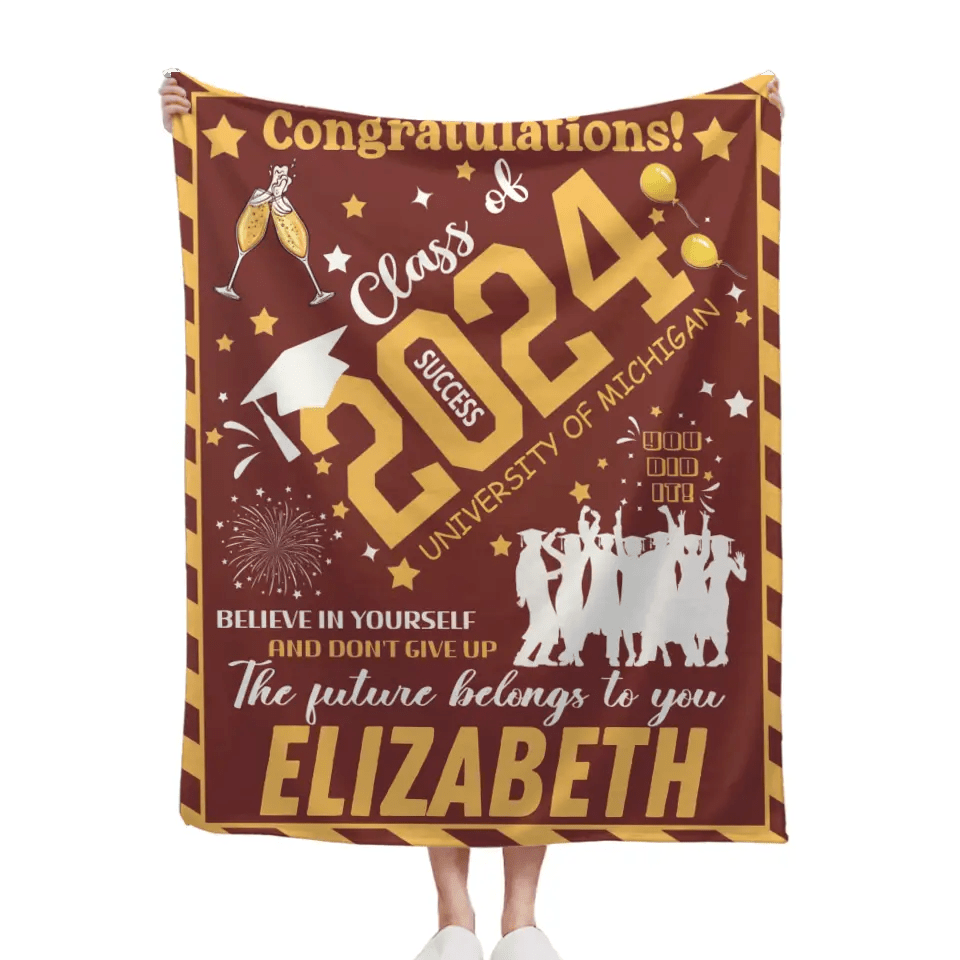Personalized Congrats Yellow Balloon Graduate Blanket with Name Class of 2024 - OLESA