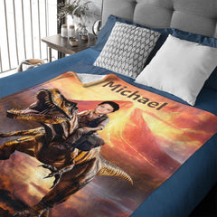 Personalized Custom Dinosaur Blanket For Kids, Child Riding T - Rex Dinosaur, Dinosaur Photo Gifts For Him Son Boyfriend - OLESA