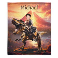Personalized Custom Dinosaur Blanket For Kids, Child Riding T - Rex Dinosaur, Dinosaur Photo Gifts For Him Son Boyfriend - OLESA