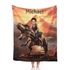Personalized Custom Dinosaur Blanket For Kids, Child Riding T - Rex Dinosaur, Dinosaur Photo Gifts For Him Son Boyfriend - OLESA
