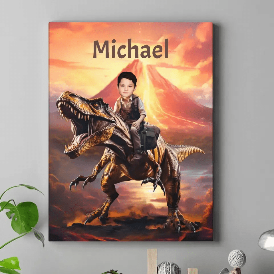 Personalized Custom Dinosaur Canvas Wall Art - Child Riding T-Rex Dinosaur, Gifts For Grandson/Son/Dinosaur Lover - OLESA