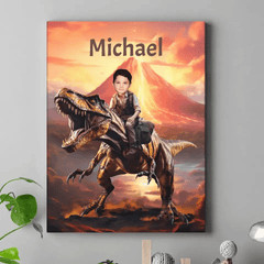 Personalized Custom Dinosaur Canvas Wall Art - Child Riding T-Rex Dinosaur, Gifts For Grandson/Son/Dinosaur Lover - OLESA