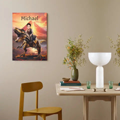 Personalized Custom Dinosaur Canvas Wall Art - Child Riding T-Rex Dinosaur, Gifts For Grandson/Son/Dinosaur Lover - OLESA