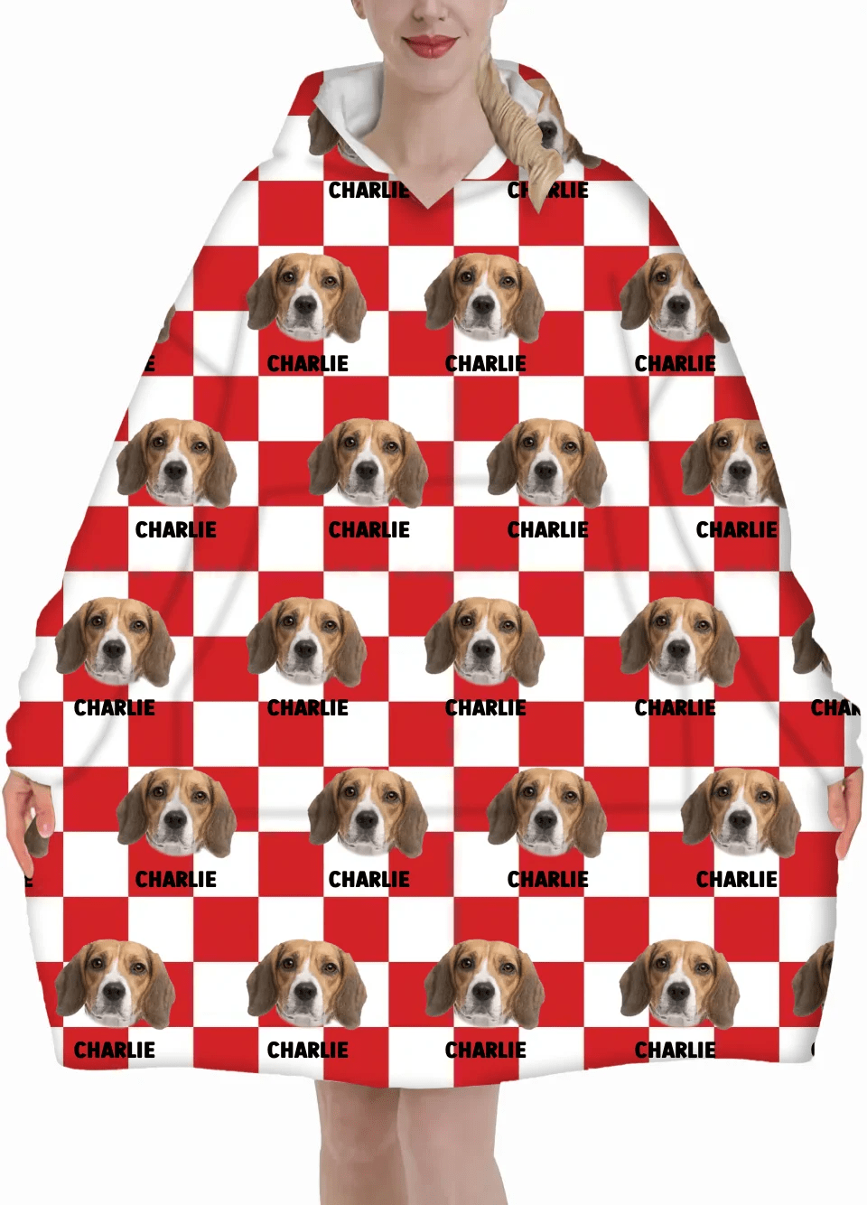 Personalized Customized Dog And Cat Face Photo Multi - Color Plaid Name Blanket Hoodie - OLESA