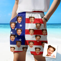 Personalized Hawaiian Men Beach Trunk, Independence Day Couple Gift Style Face on Swim Trunks - OLESA