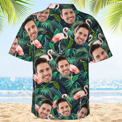 Personalized Hawaiian Shirt with Custom Face, Leaves and Flamingo Button Down Shirts - OLESA